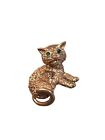 Vintage Crown Trifari Small Cat Brooch Gold Textured Tone Green Eyes