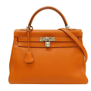 HERMES Kelly 32 Shoulder Handbag Togo Leather Orange □H Stamp Sliver Metal