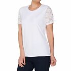 Denim & Co 3X White Perfect Jersey Scoop Neck Top w/ Lace Short Sleeves