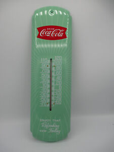 Coca-Cola Metal Thermometer Green Retro Drink Coca-Cola Arciform Fishtail Logo