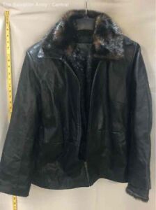 Kathy Ireland Womens Black Leather Long Sleeve Fur Trim Full-Zip Jacket Size L