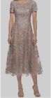 NWT La Femme Tulle Lace Embroidered Tea-Length Cocktail Dress In Champagne Sz 18