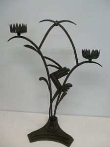 ANTIQUE ARTS & CRAFTS HAND WROUGHT IRON LILY PAD FLOWER PILLAR CANDLE HOLDER 25