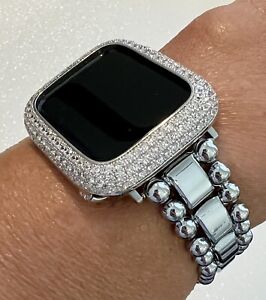 Beaded Apple Watch Band Women's Silver or Apple Watch Case Lab Diamond Cover