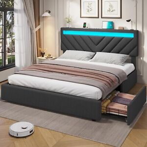 Full Size LED Bed Frame with 4 Drawers, Modern Upholstered Platform Bed Frame