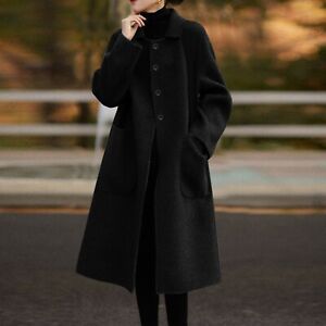 Womens Long Sleeve Button Down Faux Wool Blends Thin Pockets Coat Long Overcoat1
