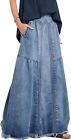 Women's Retro Elastic High Waist Frayed A-Line Maxi Denim Skirt with Pockets