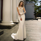 Sexy Mermaid WeddingDress Boat Neck See-through Lace Appliques SweepTrain Bridal