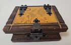 Vintage Box 1970's Jewelry Box Hand Carved Wood Black Metal Hinges with Old Map