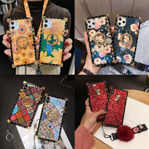 For iPhone 14 13 12 11 Pro Max X 7 Luxury Flower w/ Ring Metal Square Case Cover
