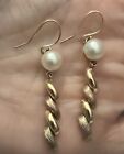 14K Solid Yellow Gold Natural Akoya White Pearl Dangle Drop Earrings Lady’s 4.5g