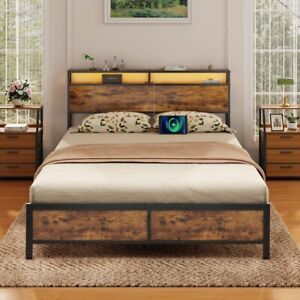 Queen Size LED Bed Frame with Storage Headboard Industrial Metal Platform Bed