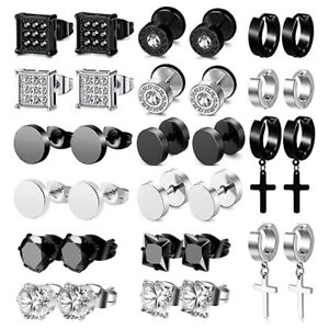 16 Pairs Earrings Set Black Silver Cross Dangle Hinged CZ Earring Stud Men Women