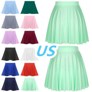 Womens Casual Pleated Skirt Solid Color Elastic Waistband A-line Flared Skirts