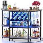 Bar Table Cabinet with Power Outlet, LED Home Mini Bar Cabinet for Liquor, Grey