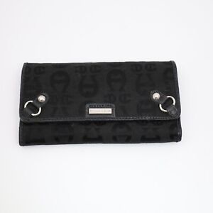 Etienne Aigner Wallet Women's Black Modern Foldable Card Case Clutch Bag Leather