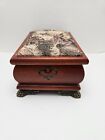 Vintage Style Small Wood Footed Jewelry Box Hinged Lid Floral Print Tapestry Top