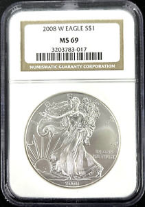 2008 W NGC MS69 1 oz Silver American Eagle NGC Brown Label