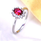 Ring Women Rhodium Plated Silver Red Oval Cubic Zirconia Jewelry