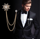 Men Crystal Snowflake Star Suit Jacket Coat Brooch Pin Jewelry Accent Chain BP