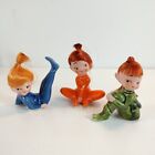 Vintage Napco Pixie Trio Set Elf  Figurines Orange Nylon Hair C-6798 Japan