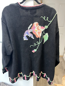 vintage sweater cardigan 3x cotton storybook knit flower garden hummingbird bird