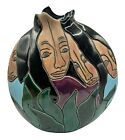 Signed Nora Pineda Pottery Vase Chico California Faces Purple Blue Green 10.5”