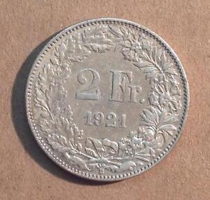 World .835 Silver Coin Lot Old 1921 Switzerland 2 Francs High Grade .2684 ASW