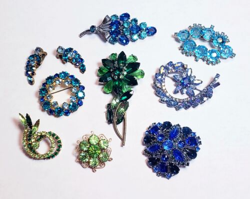 8 Piece Vintage Blue and Green Mixed Style Rhinestone Brooch Lot - Austria