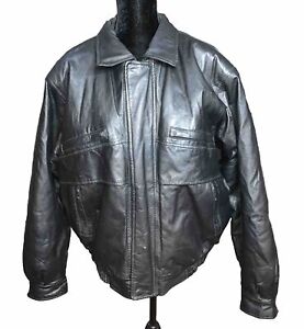 Phase 2 Bomber Jacket Zip Up Sz XL Black 80s 90s 100% Real Leather Coat Vintage