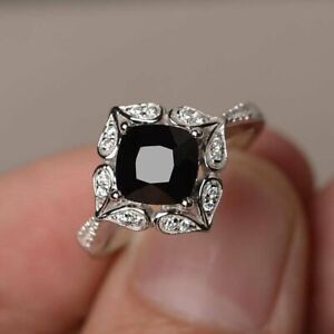 2Ct Cushion Cut Lab-Created Black Diamond Halo Ring 14K White Gold Plated Silver