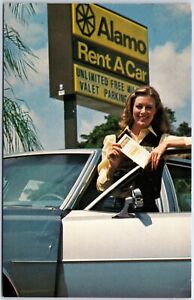 VINTAGE POSTCARD 1970s ALAMO CAR RENTAL ADVERTISING SMILING LADY POSTED ORLANDO