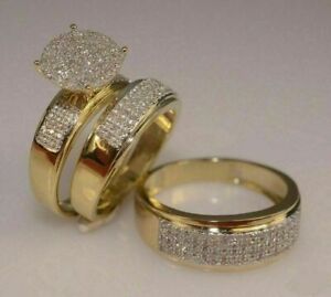 His and Hers Simulated Engagement Ring Wedding Band Set Mens Womens 14k Gold FN