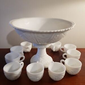 Rare Vintage McKee Concord Milk Glass Pedestal Punch Bowl With 10 Cups