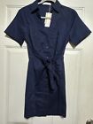 MNG Mango Size XS Women Short Sleeve Midi Dress Cinched Waist Navy. NWT