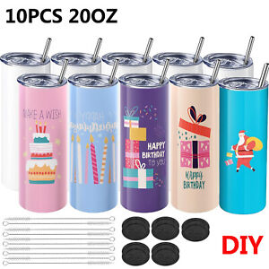 10 Pack 20 oz Sublimation Tumblers White Skinny Insulated Cup with Lid & Straw