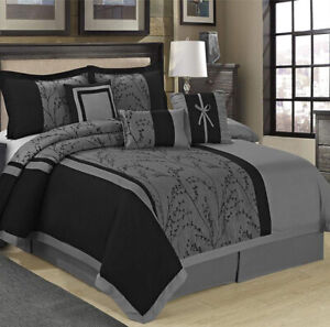 HIG 7 Pieces Bedding Set Floral Jacquard Patchwork Gray and Black Comforter Set