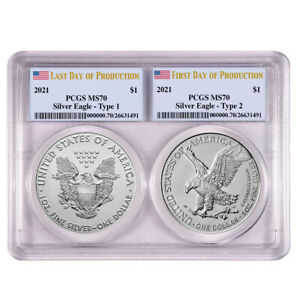 2021 $1 T1 and T2 Silver Eagle Set PCGS MS70 First and Last Day of Production...