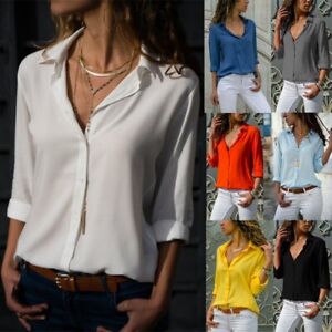 Women's Chiffon Long Sleeve Button Down Shirt Blouse Ladies V-neck Tops S-5XL