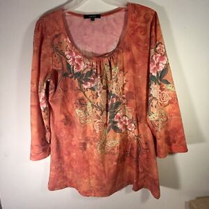 Yukiko Womens Floral print top blouse Size 2xl 3/4 Sleeve Orange rhinestones