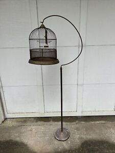 Antique Victorian Bird Cage Vintage HENDRYX Brass Wire Hanging Dome with Stand