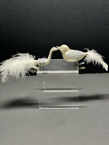 Vintage West Germany White Bird Christmas Ornaments Clip Glitter Feathers