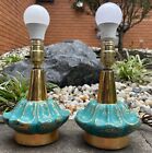 Vintage 1950s Turquoise Gold Atomic Floral Ceramic Lamps Mid Century Modern MCM