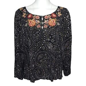 Savanna Jane Embroidered Blouse Size L Black Scoop Neck Long Sleeve Peasant Top