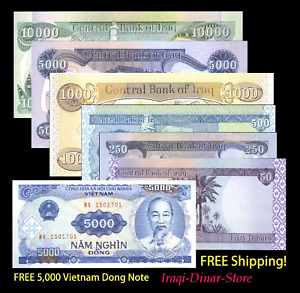 Iraqi Dinar 10 000 + 5000 + 1,000 + 500 + 250 + 50 + Free 5000 Vietnam Dong Note