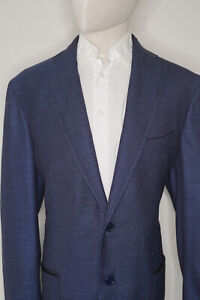 New ZILLI $4900 Blue Denim Leather Trim Wool Silk Jacket Blazer Italy 60