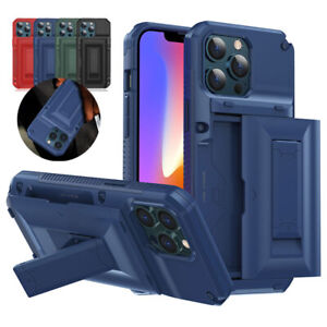For iPhone 13/12/11 Pro Max Rugged Case Kickstand Slide Credit Card Holder Cover