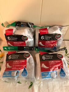 Lot of 4 Packs of Hanes Men's Cushion Ankle Socks in White Size:6-12 ~ 24 Pairs