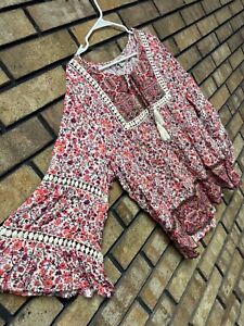 One World Women's Top XL Boho Peasant Flowy Blouse Tie Front Loose Flowy Casual