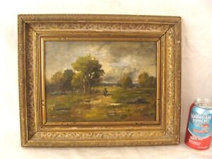 Antique 19C Impressionist O/C Landscape W/ Figure Painting